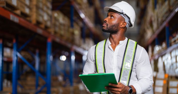 Man walking in a warehouse carrying a clipboard